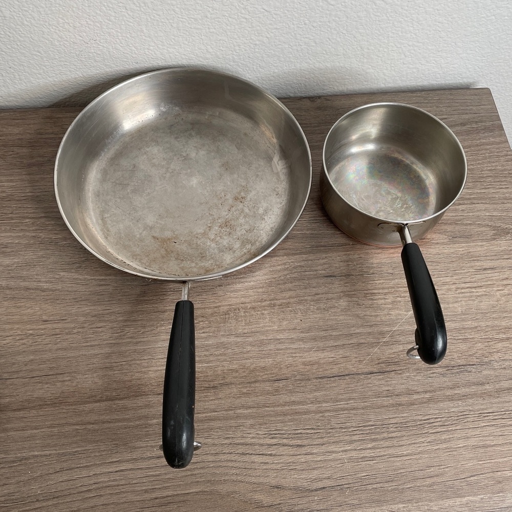 Vintage Revere Ware 10” Fry Pan AND 1 Quart Pot Set Copper Bottom Cookware Lot